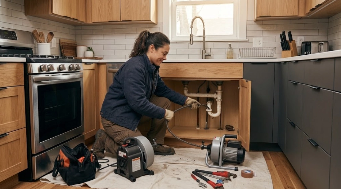Plumbing professional clearing a clogged kitchen sink drain trap using heavy-duty mechanical snaking cable