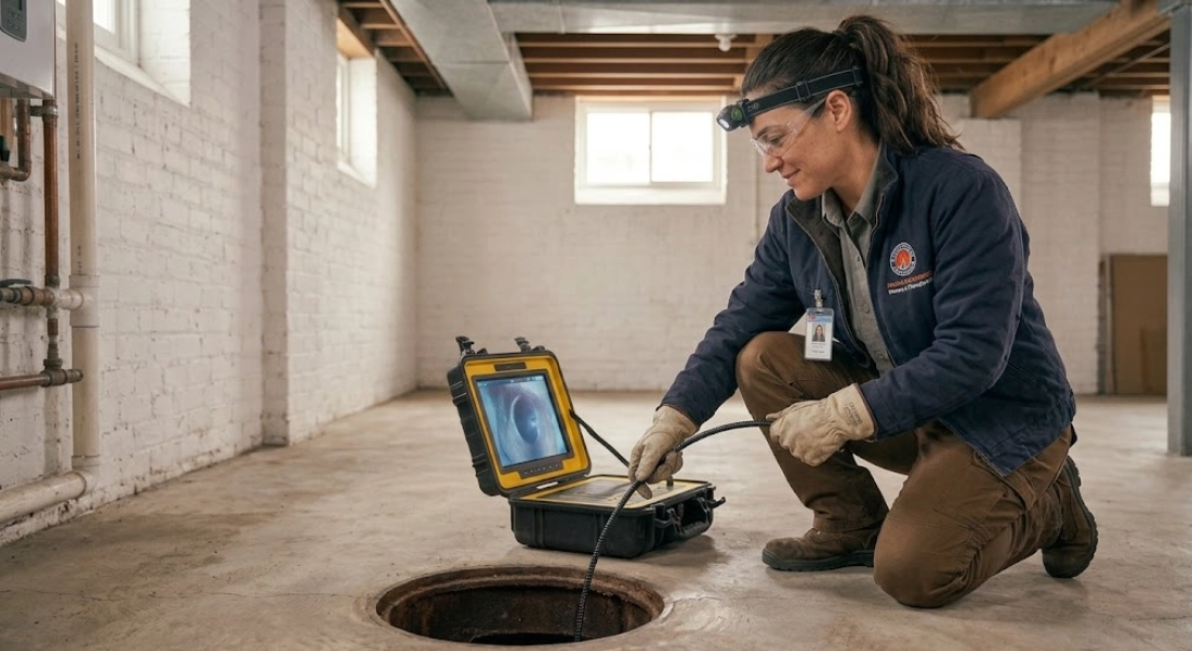 Plumbing technician viewing digital video monitor during an underground sewer line camera inspection in Queens